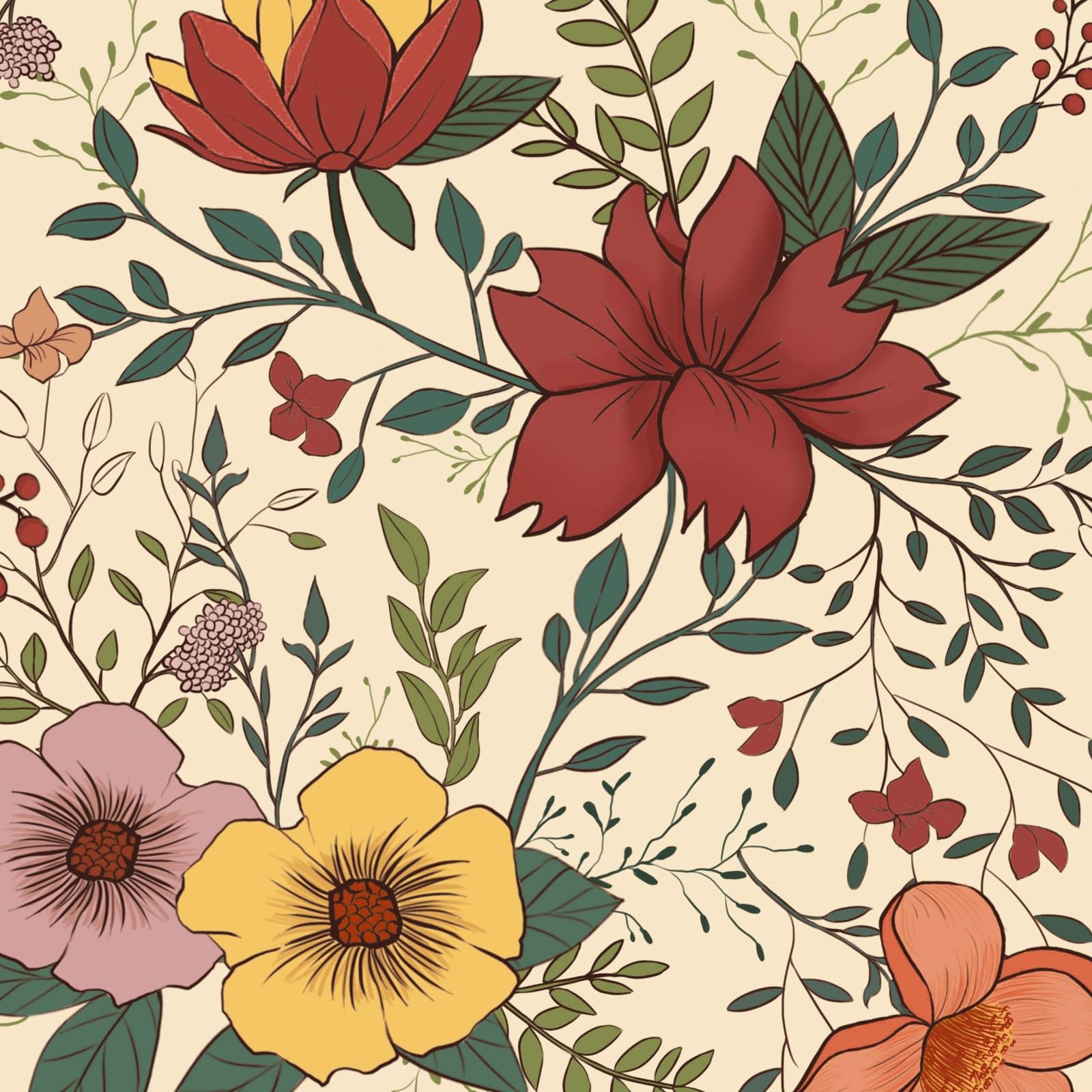 VOLEAAR 44.5CM x 1000CM Floral Peel and Stick Wallpaper - Vintage Boho Leaf Flower Design - Yellow, Pink, Red