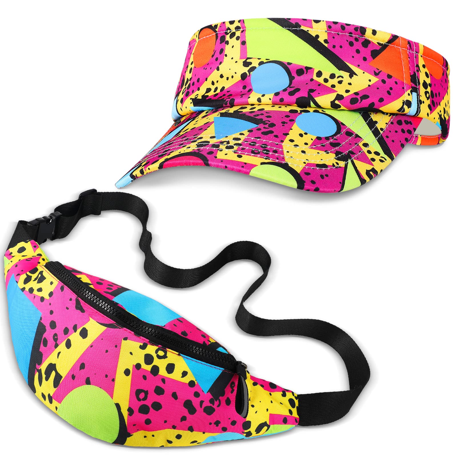 Photo 1 of Mepase 2 Pcs 80s Outfit for Men Women 90s Fanny Pack Sun Visor Hat Waist Bag 90s Accessories for Men Women Summer Party(Vibrant) Multicoloured