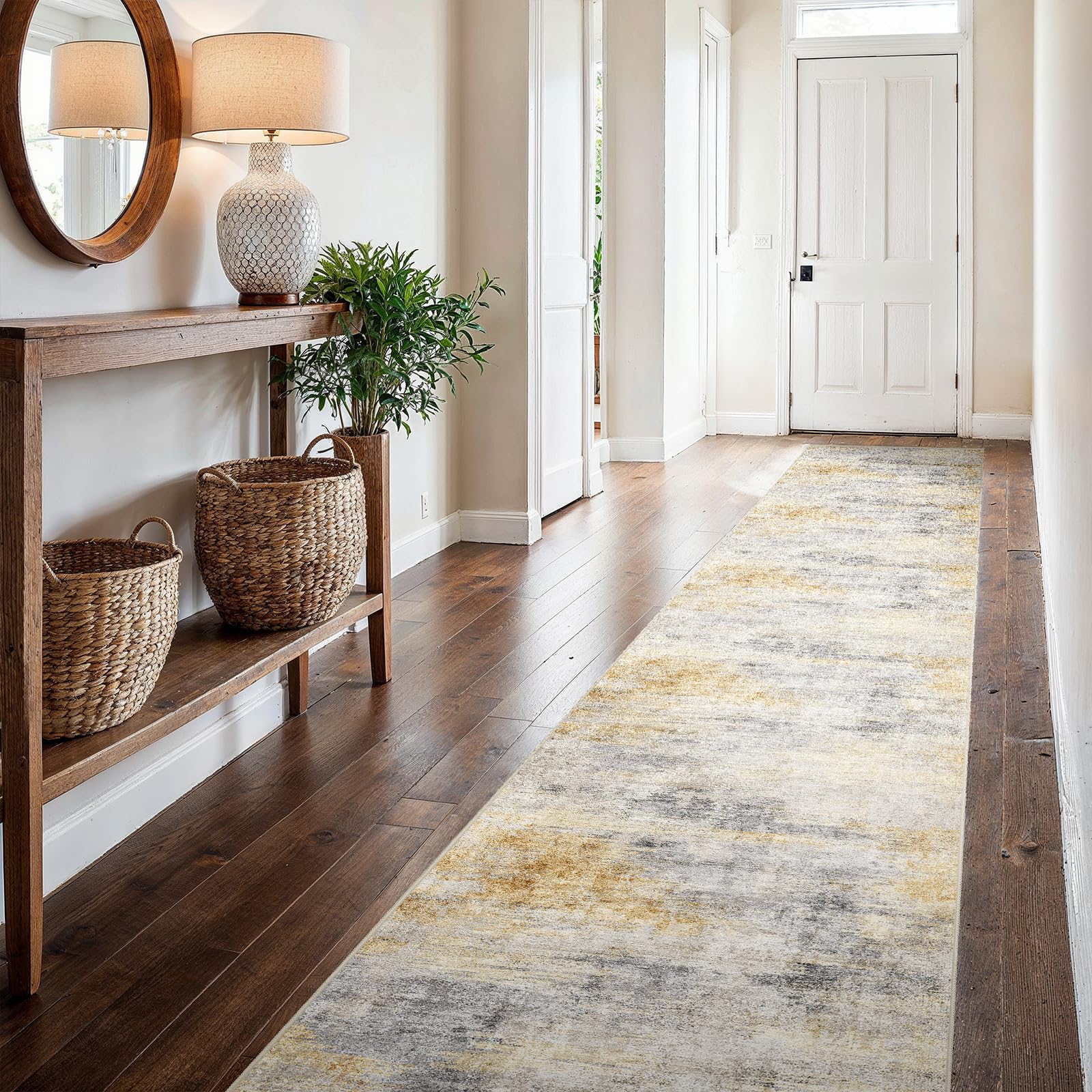 Photo 1 of 2'6''x16' Washable Kitchen Runner Rug: Modern Abstract Runners for Hallway Soft Non Slip Rugs with Rubber Backing Low Pile Thin Floor Carpet for Entryway Bedroom Bathroom Indoor(Grey/Yellow,2'6''x16')