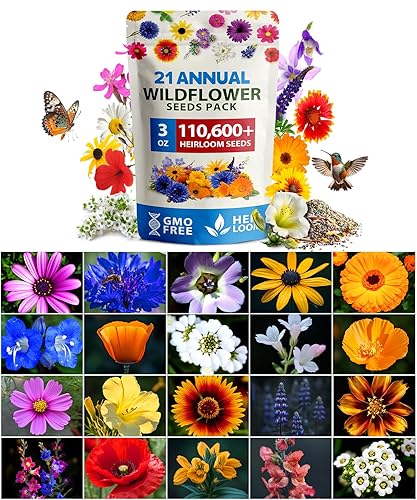 HOME GROWN Wildflower Seeds Mix 110,600+ Seeds oz, 21 Varieties,  Non-GMO Wild Flower Seeds for Planting, Annual Flowers, Butterfly Garden, 