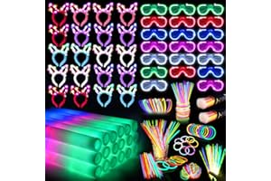 SHQDD 260PCS Glow in the Dark Party Supplies, Glow Sticks Glasses Favors, 20PCS Foam Glow Sticks, 20PCS LED Glasses, 20PCS Bunny Ear Headband and 200PCS Glow Sticks for Neon Party for Kids or Adults
