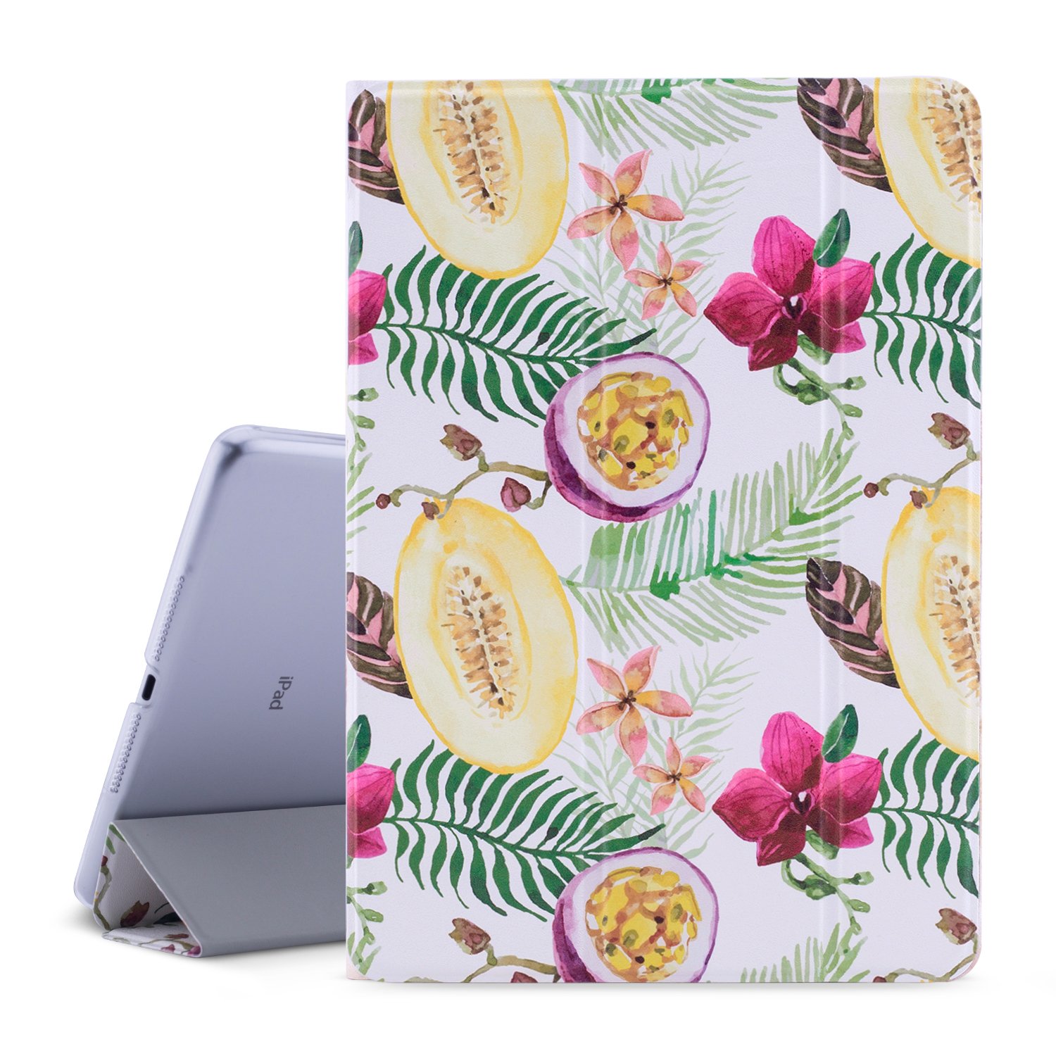 New iPad 9.7 Case 2018/2017, Dopup Premium Leather Case with Translucent Hard Back, Multiple Viewing Angles Stand, Tri-fold Cover Case for Apple ipad 9.7 2018/2017 (Tropical Fruit)