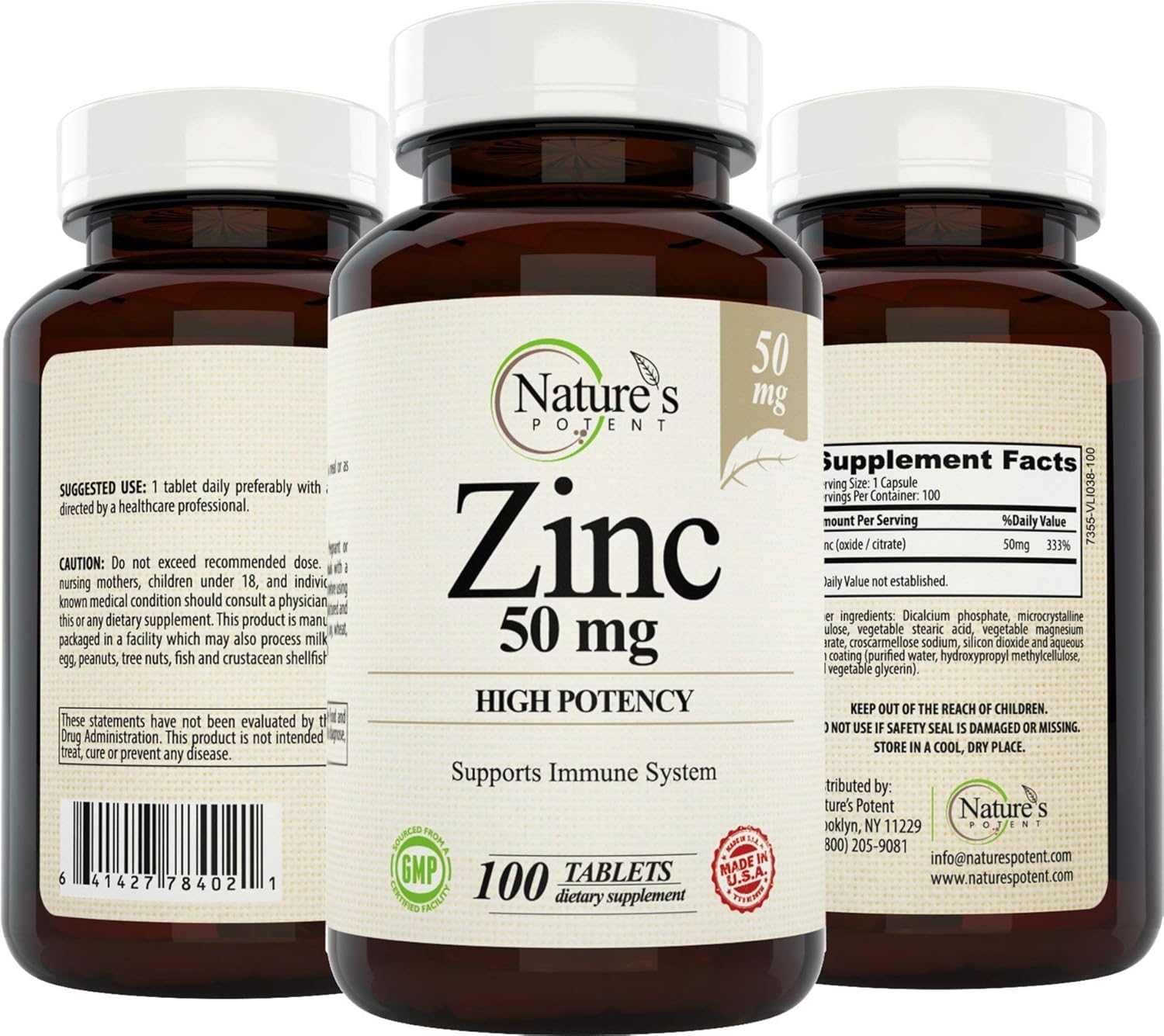 Zinc 50mg [High Potency] Supplement - Immune Support System from Natural Zinc (Oxide/Citrate) 100 Tablets, Made by Nature’s Potent.: Health & Personal Care