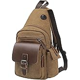 SUIKIHUM Canvas Sling Bag for Women Men, Crossbody Backpack Vintage, Shoulder Bag W/Leather Accents for Outdoor Cycling Hiking Travel, Coffee