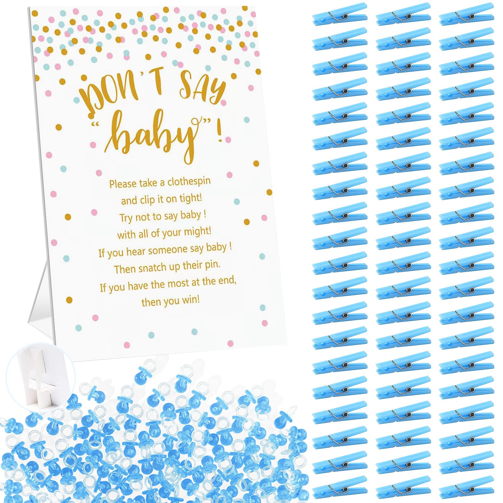 Photo 1 of Don't Say Baby Shower Clothespin Game Boy Includes 8x11'' Standing Sign, 60 Mini Blue Clothes Pin, 60 Mini Pacifiers