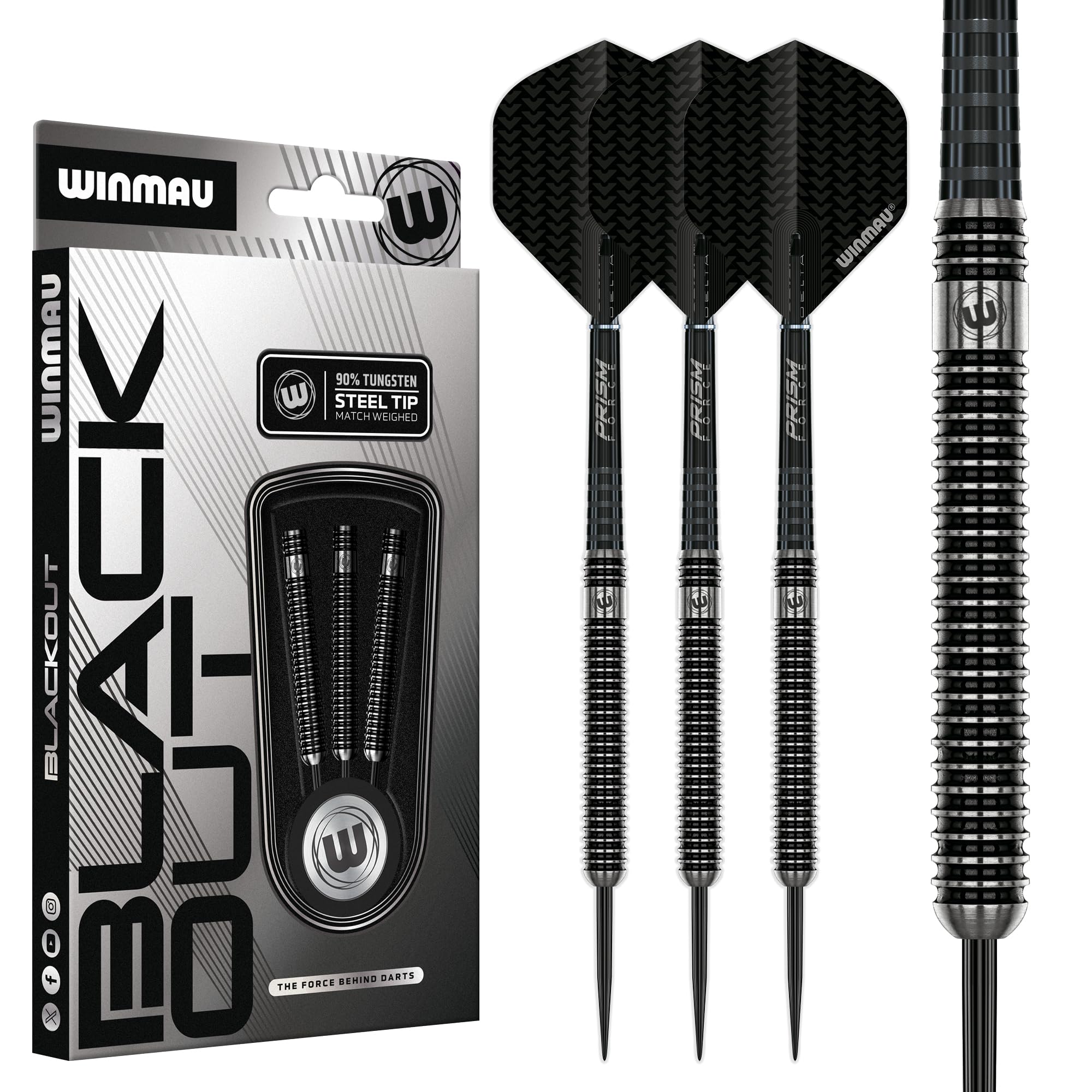 WINMAU Blackout Series 23g Parallel Steel Tip Dart Set | 90% Tungsten Darts - Professional Darts Set with Dart Flights & Shafts