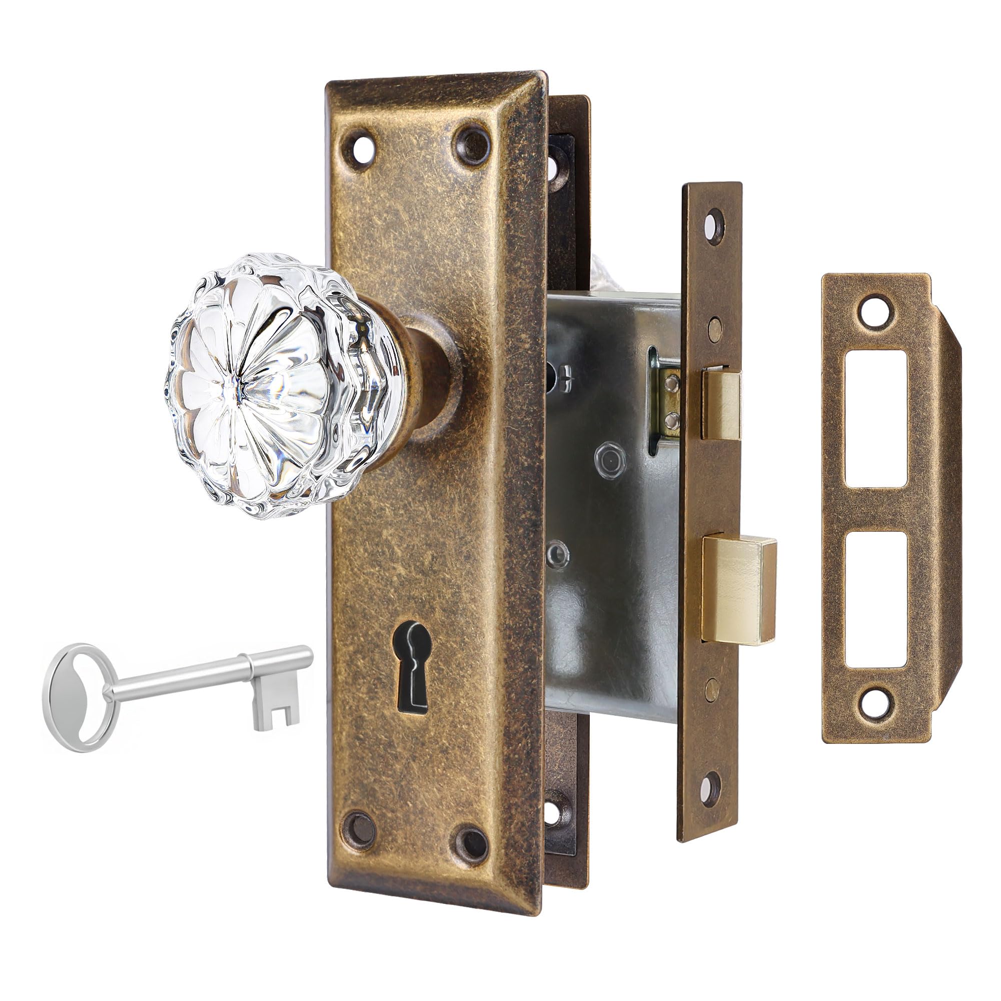 Photo 1 of newliplace 3 Pack Mortise Lock Set for Interior Door, Vintage Antique Brass Door Knobs with Lock and Skeleton Key, Crystal Glass Door Knobs for Old Style Door