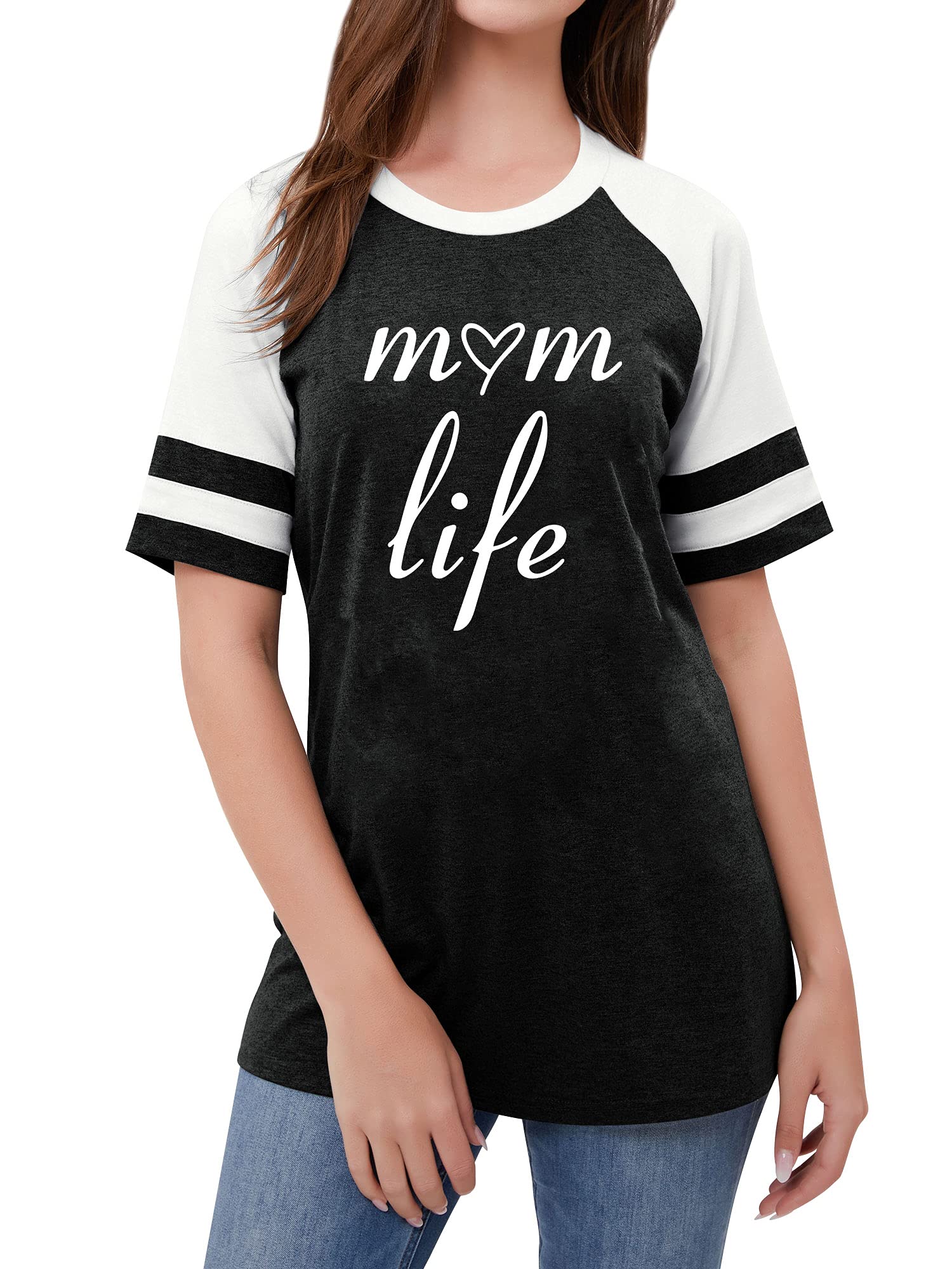 T Shirts for Women Striped Sleeve Summer Tops Casual Tee, Women's Mom Life Baseball T-Shirt Short Sleeve Round Neck Shirt Loose Blouse Tee Top Black