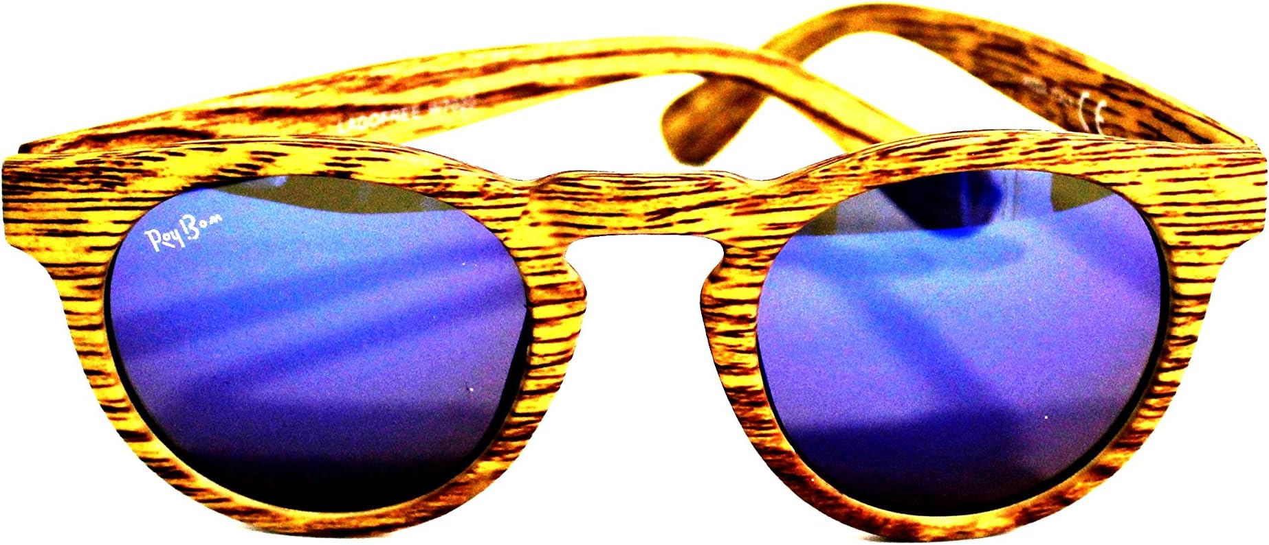 Gafas de sol diseño textura madera marrones azul espejo. Retro vintage plastic.