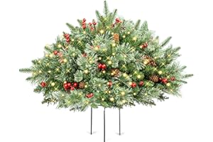 FOHIMSEN 18 Inch Pre-lit Outdoor Christmas Tree, Frosted Christmas Urn Filler for Pathway &Porch& Yard Decorations, with 50 LED 8 Modes Lights,Battery Powered, Decor with Cones & Red Berries