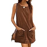 Hooever Women's Corduroy Overall Dress Round Neck A Line Skirtall Jumper Mini Dress Pinafore with Pockets