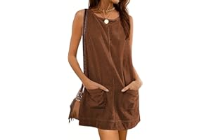 Hooever Women's Corduroy Overall Dress Round Neck A Line Skirtall Jumper Mini Dress Pinafore with Pockets