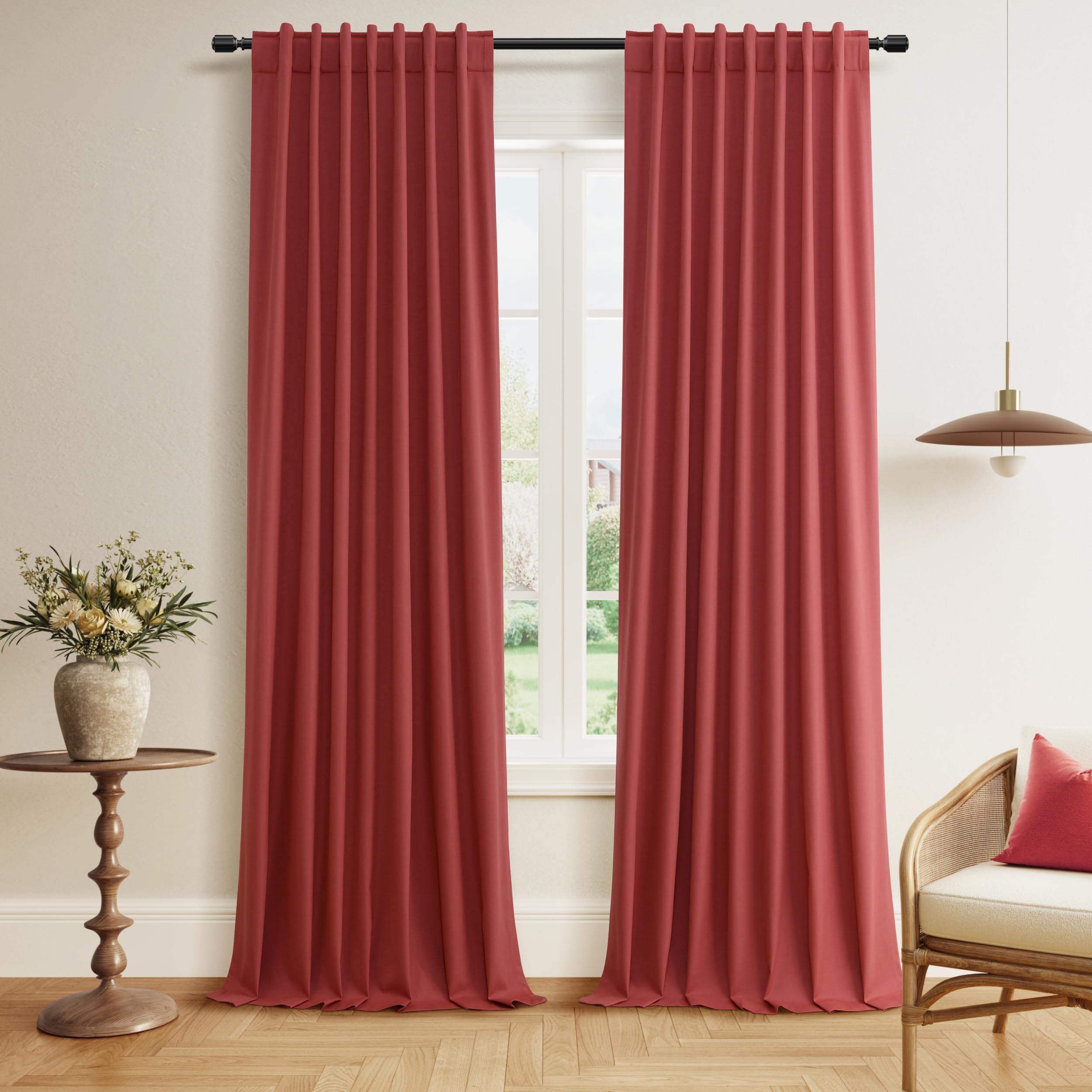 Guken Red Blackout Curtains 96 Inch Length 2 Panels Set for Living Room Bedroom Back Tab Thermal Insulated 100% Black Out Linen Drapes Room Darkening Window Curtains 96 Inches Long Image