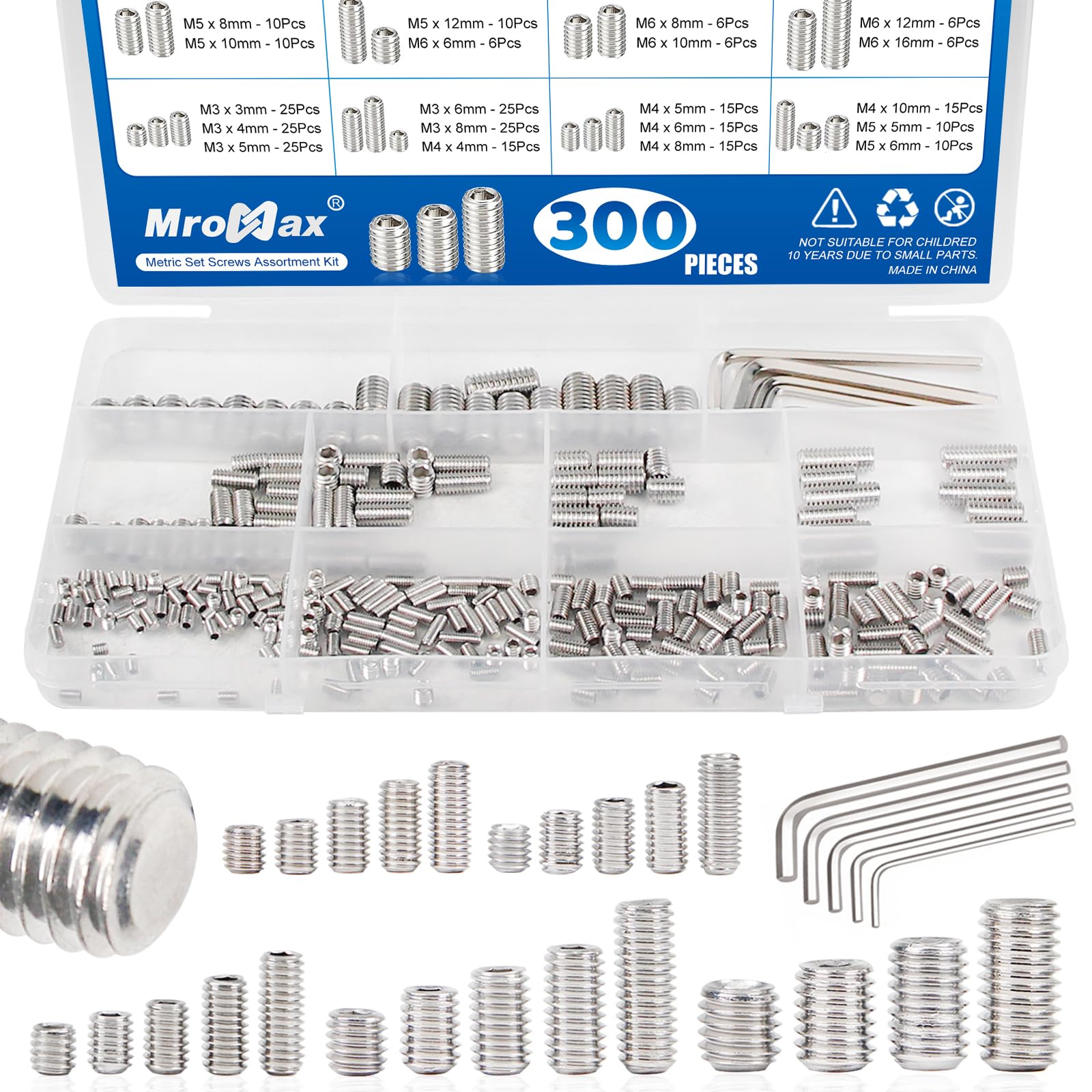 Photo 1 of 300Pcs Metric Set Screws Assortment Kit, 24 Sizes - M3 M4 M5 M6 M8 Set Screw, 3mm-16mm Lengths, Stainless Steel Internal Hex Drive Grub-Point Screw for Door Knob, Faucets and Light Fixture