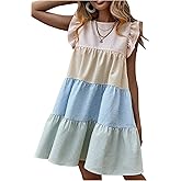 SHENHE Women's Summer Ruffle Cap Sleeve Color Block Tiered Flowy Babydoll Mini Dress Sundress