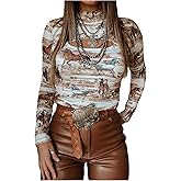 RoseSeek Women's Cut Out Graphic Boho Tops Mock Neck Long Sleeve T Shirts Vintage Cowgirls Tops