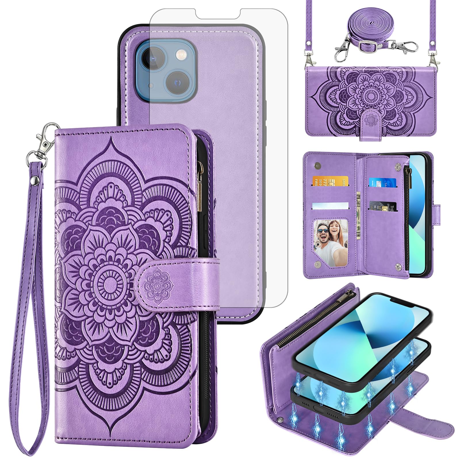 Photo 1 of Asuwish Phone Case for iPhone 13 6.1 inch Zipper Wallet Magnetic Detachable Cell Cover with Tempered Glass Screen Protector Strap Flower Card Holder iPhone13 5G i i-Phone i13 iPhone13case Women Purple