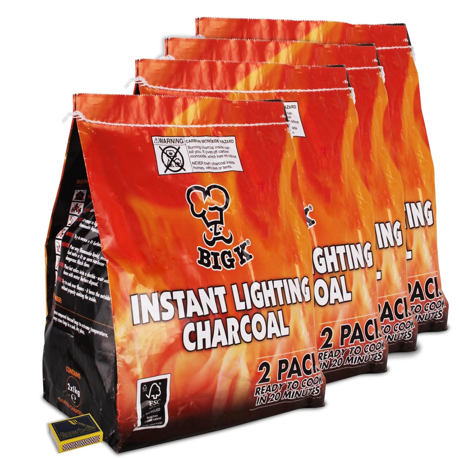 Tigerbox® & Big K 8KG (8 x 1KG bags) Instant Light The Bag BBQ Charcoal