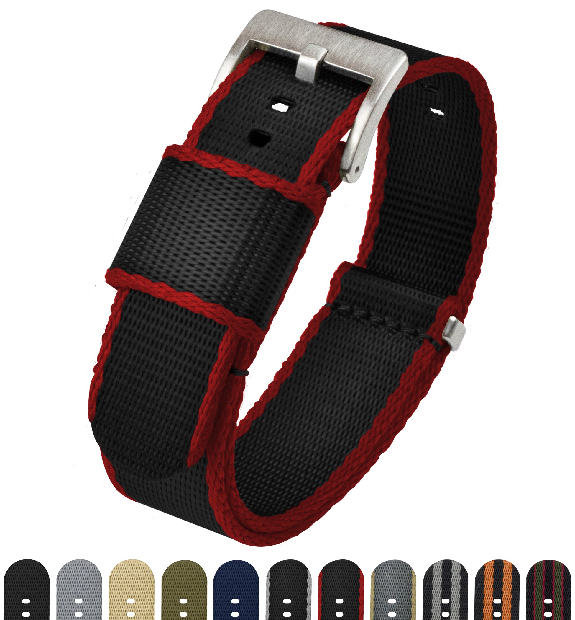 BARTON Jetson Military Style Watch Strap - 18mm 20mm 22mm or 24mm - Black/Crimson Red 20mm Nylon Watch Band