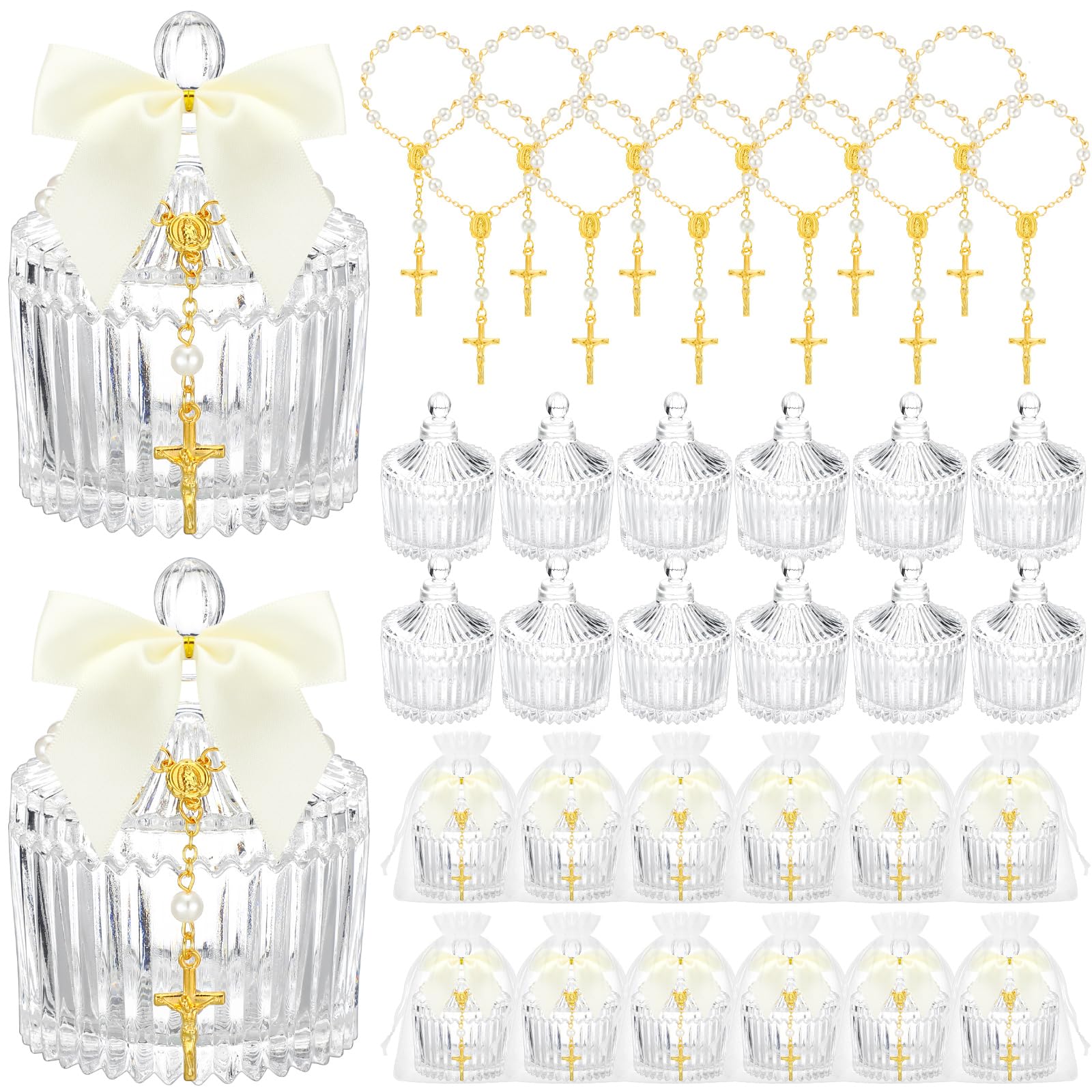 Photo 1 of Chuangdi 12 Sets 48 Pcs Baptism Favors for Guests Crystal Candy Bowl Gifts with 12 Pcs Cross Rosary for Baptism Decorations Wedding Baby Shower Supplies First Communion Party(White)