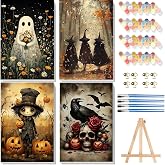 4 Pack Paint by Numbers Kit for Adults, Halloween Canvas 8x12in with Frame | Halloween Adult Painting by Number Kits on Canvas - Wooden Easel, Easy Oil Painting Arts Gift Wall Decor