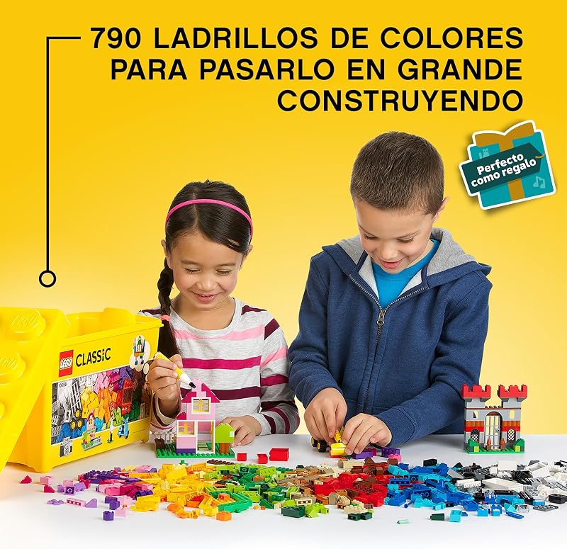Lego 10698 classic grande caixa de peças criativas, brinquedos para meninos e meninas de 4 anos ou mais, 2 bases verdes, animais, casas e carros de brinquedo, conjunto de construção