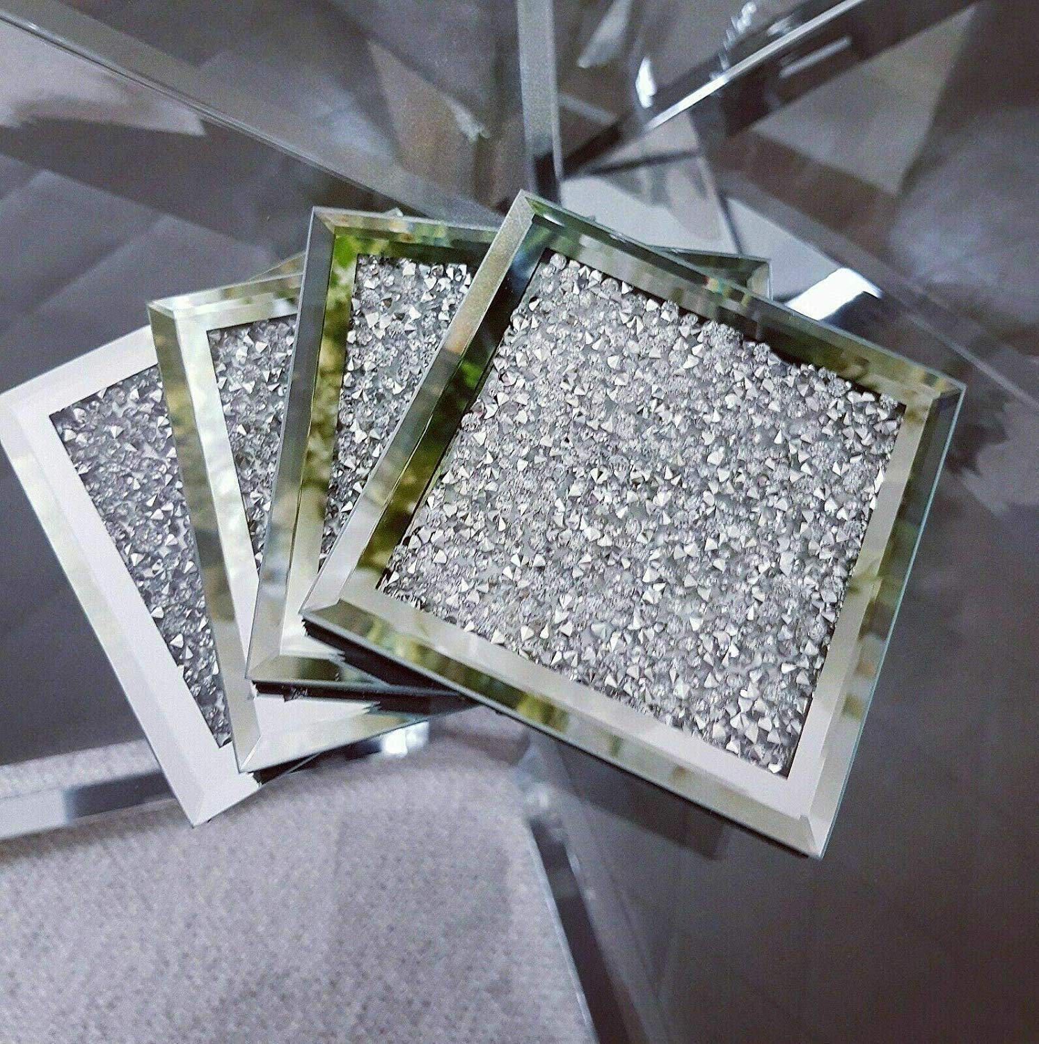 4X Modern Crystal and Mirror Coaster New Set of 4 Glitter Crushed Diamante Jewel 10X10CM UK