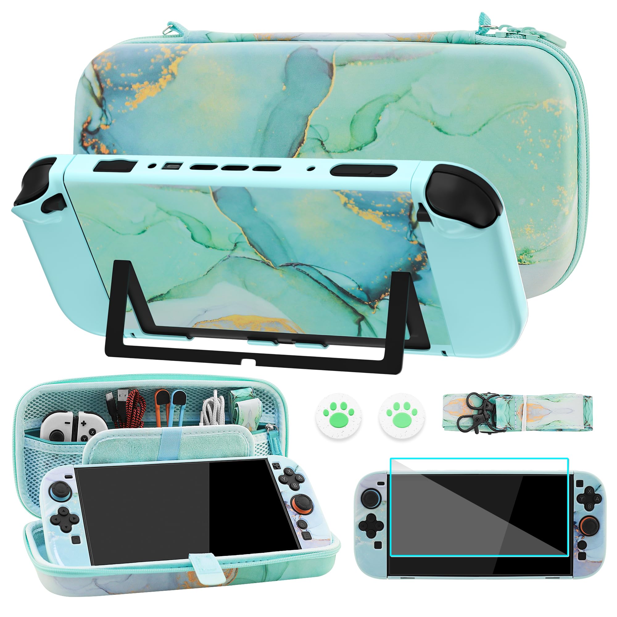 Photo 1 of FUNDIARY Green Marble Travel Carrying Case for Nintendo Switch 2, Accessories Bundle with Slim Portable Storage Bag, Switch 2 Protective Dockable Cover, Shoulder Strap, Screen Protector & 2 Thumb Caps