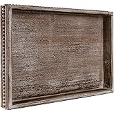 Wooden Decorative Tray, Rectangular Serving Tray with Wood Bead, Farmhouse Big Tray for Ottoman, Countertop, Coffee Tabl, 16.5" x 13"x 1.6" (Retro Brown)