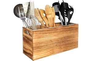CB Accessories Utensil Holder in Rustic Wood for Kitchen Countertop Organizer and Cooking Tools Storage (Triple Compartment)
