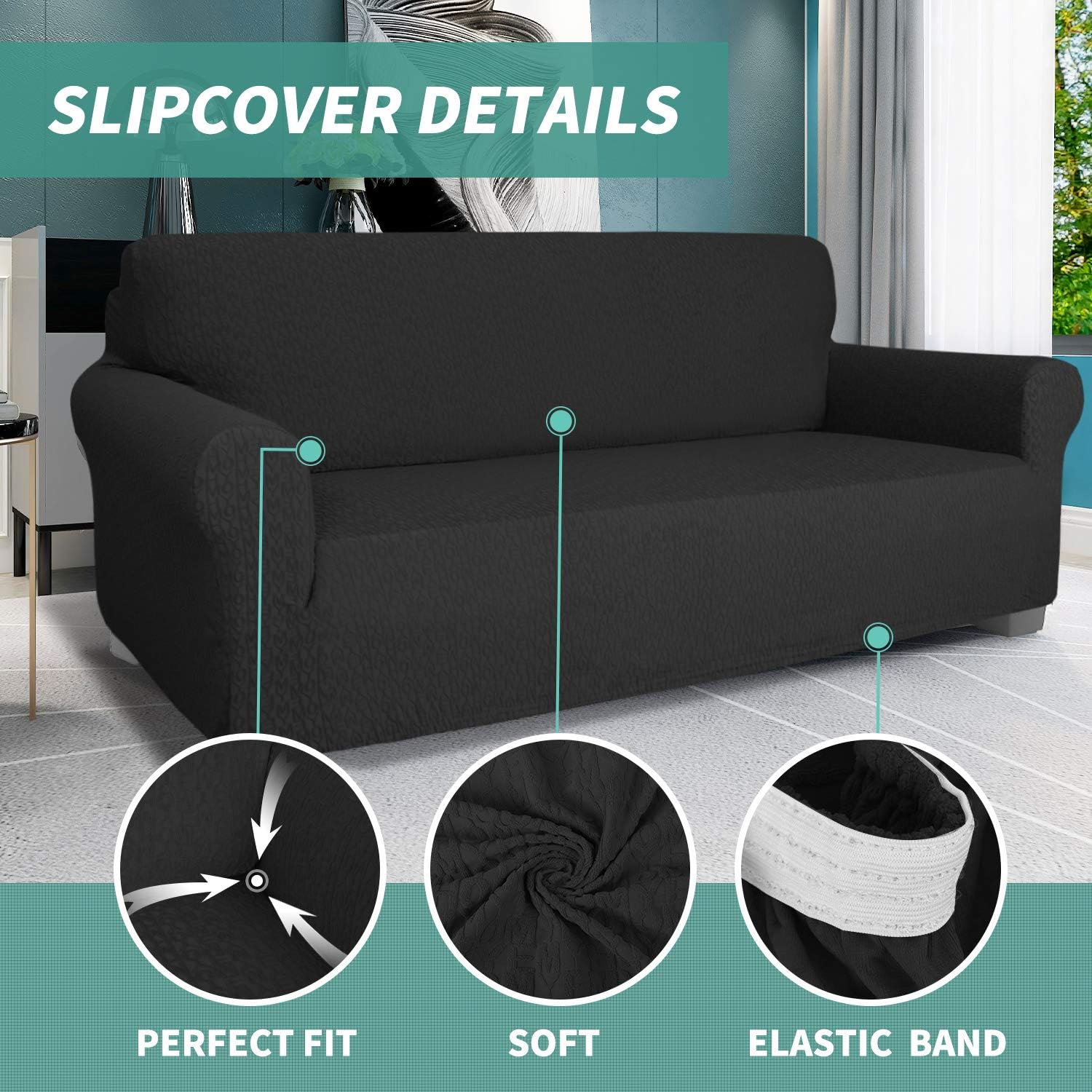 YEMYHOM Stretch Armchair Slipcover Latest Letter Design 1 Piece Couch Cover Thick Fitted Sofa Chair Cover for Living Room Non Slip Furniture Protector with Foam Rods (Chair, Black): Kitchen & Dining