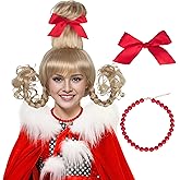 Koonfan Christmas Blonde Wig with Red Bow and Necklace Girls Women Long Braids Christmas Costume Wig Accessory