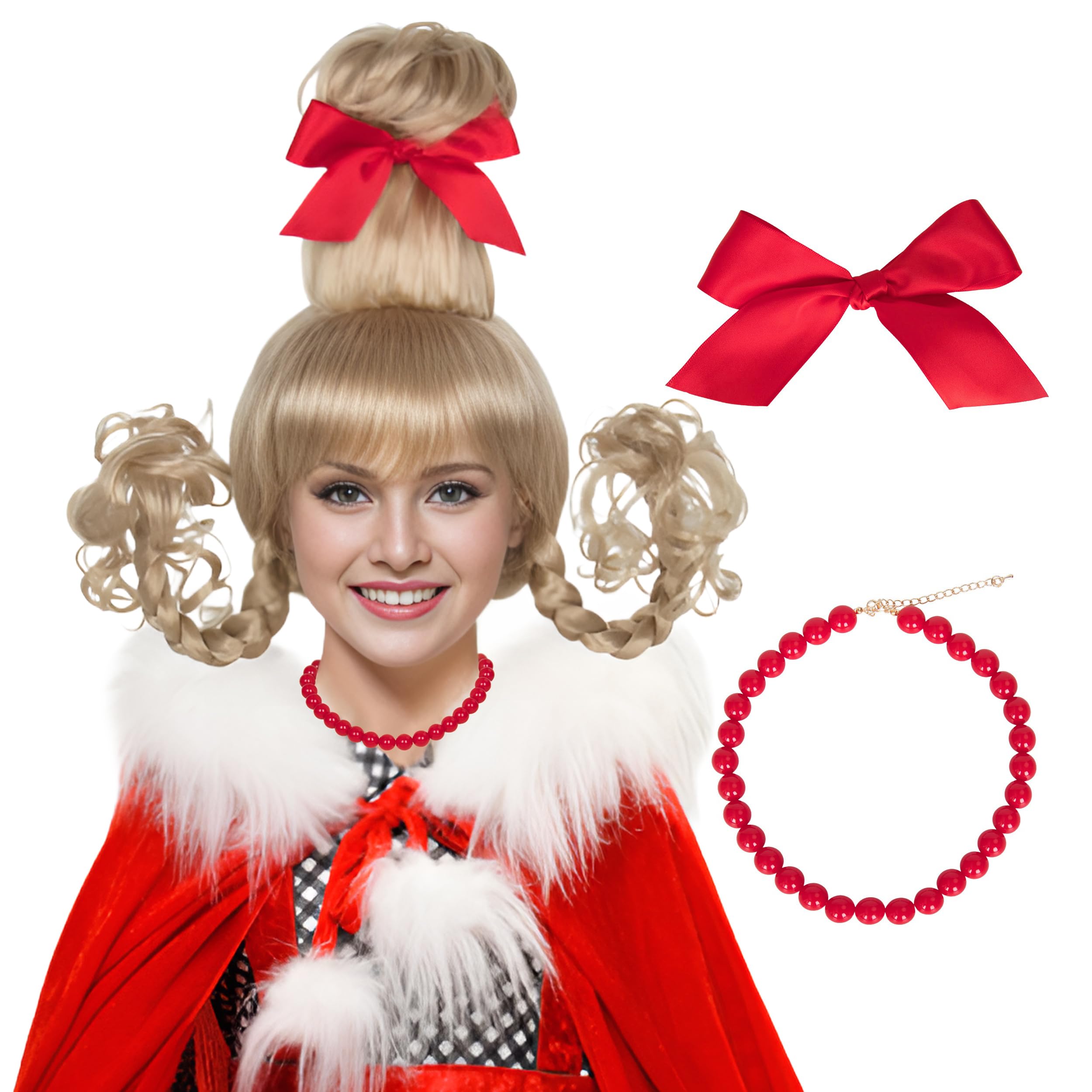 Photo 1 of Koonfan Christmas Blonde Wig with Red Bow and Necklace Girls Women Long Braids Christmas Costume Wig Accessory
