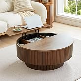 33" Round Coffee Table with Lift-Top &amp; Flip-Top Storage, Modern Accent Fluted Coffee Tables with Metal Frame, Wooden Circle Center Table for Living Room Small Space Apartment Office (Walnut)