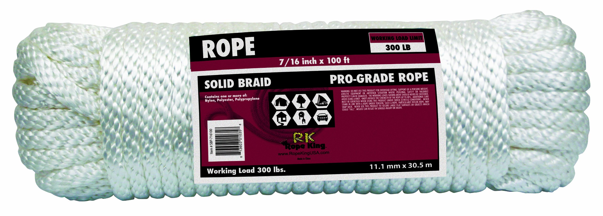 Rope King SBP716100 Solid Braid Poly Rope 7/16 inch x 100 feet Pars
