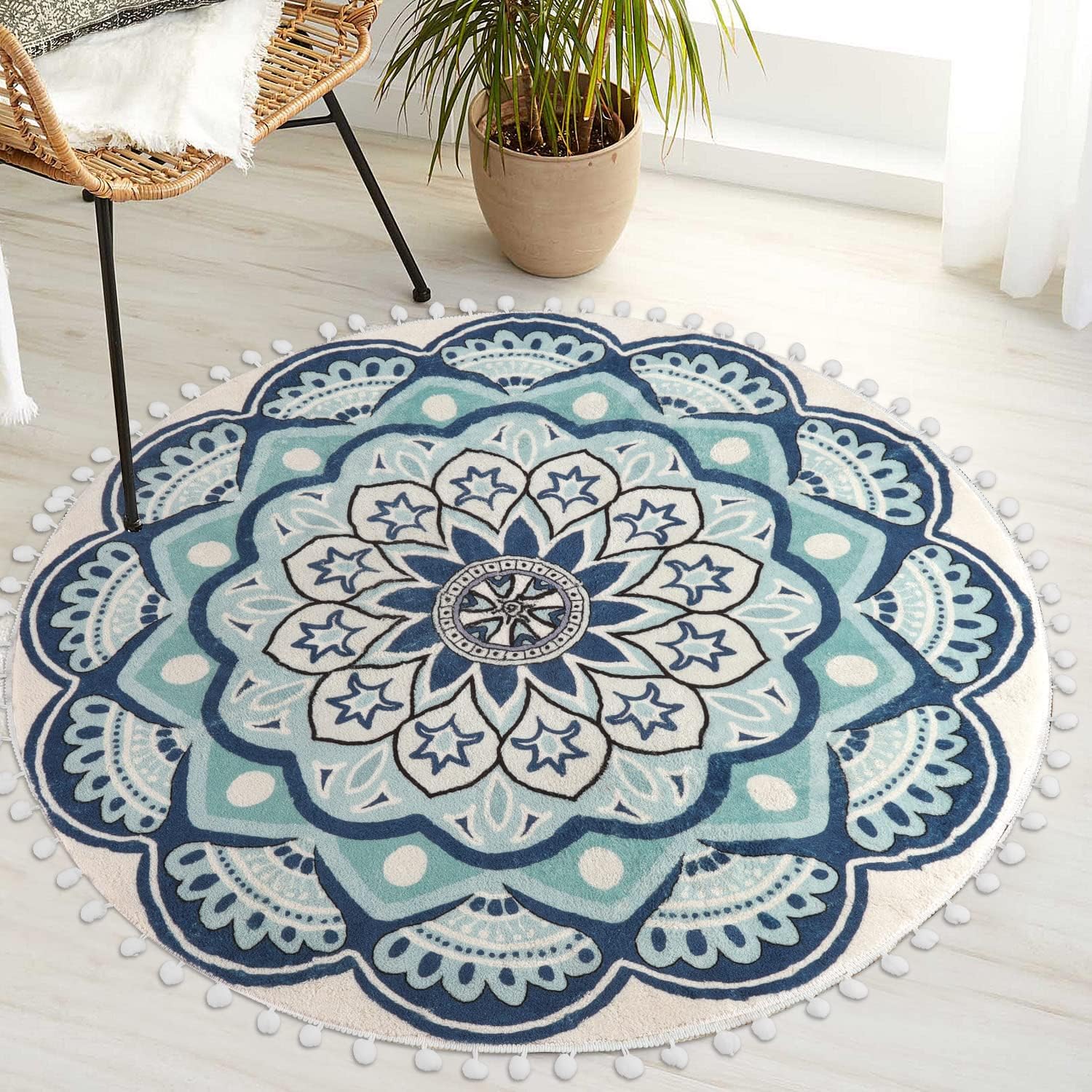 Uphome Round Rug 3ft Blue Mandala Boho Rug with Pom Pom Fringe Non-Slip ...