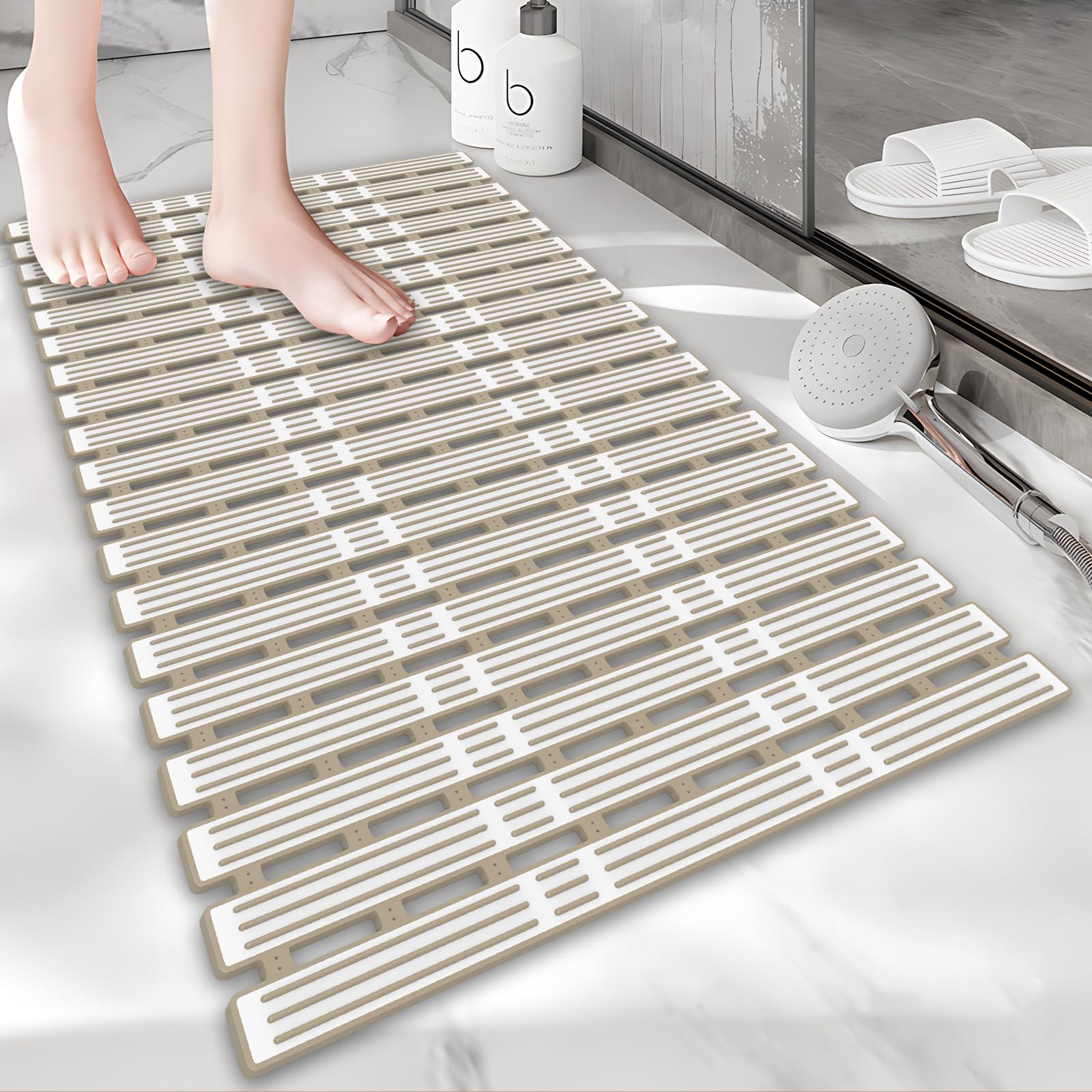 Onihan Shower Mat Non Slip Anti Mould,36×16 INCH Extra Long Bath Mat Non Slip for Shower and Bath,Rubber Nonslip Bathmat for DIY Cut,Machine Washable,Safe Shower for the Elderly and Children(Brown)