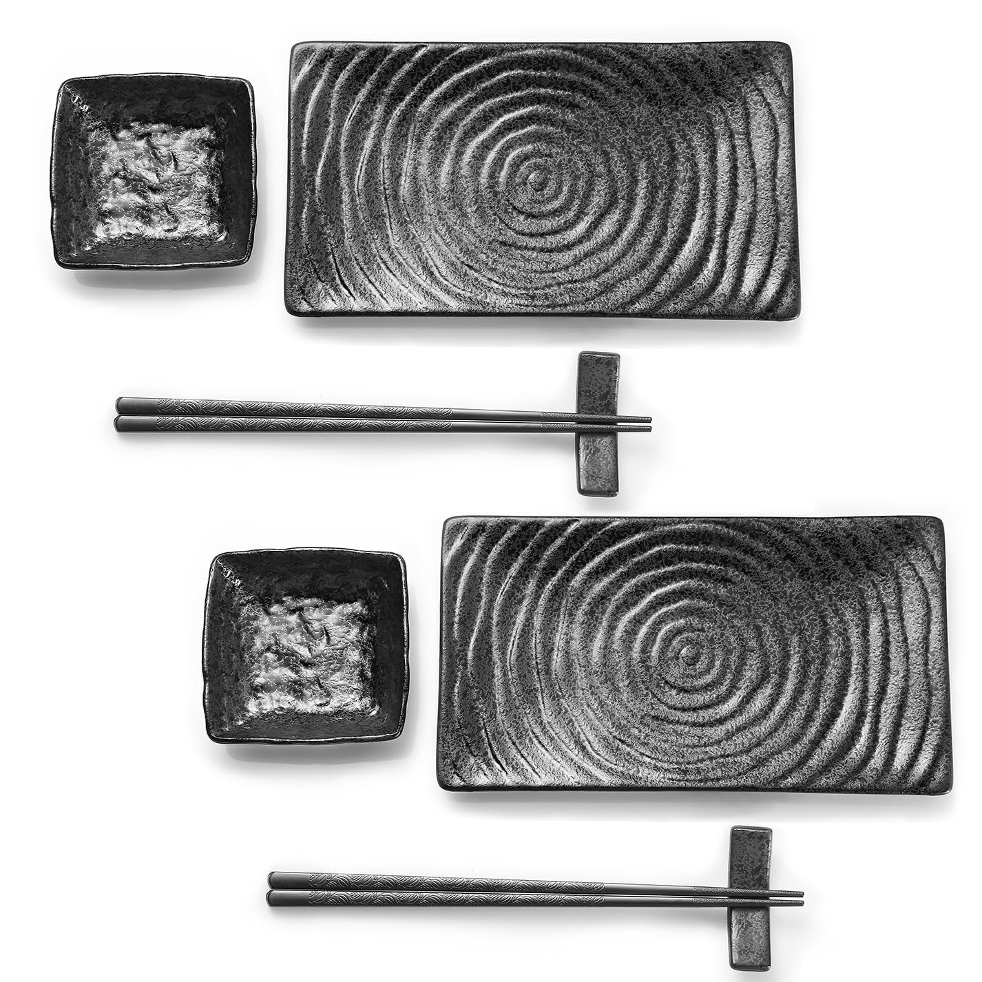 Youda Japanese Style Ceramic Sushi Plate Set - 8 Piece Includes 2 Plates, 2 Soy Sauce Bowls, 2 Pairs of Chopsticks, 2 Holders