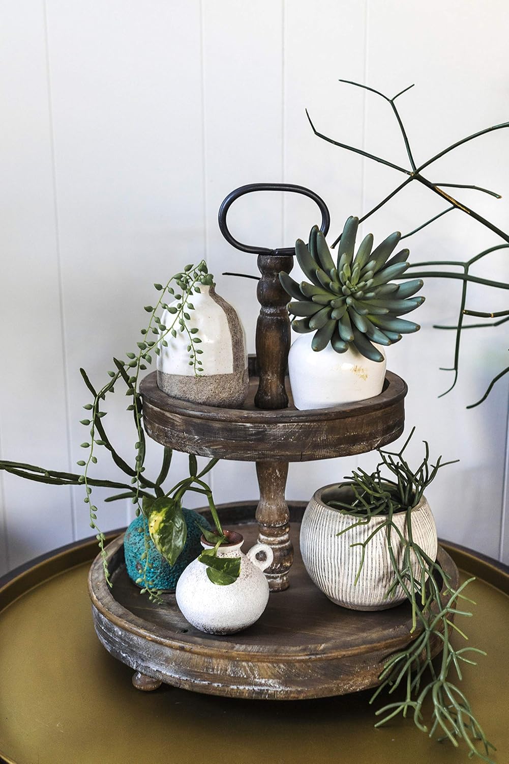 Creative Co-Op Distressed Brown Wood Metal Handle Two-Tier Tray: Home & Kitchen