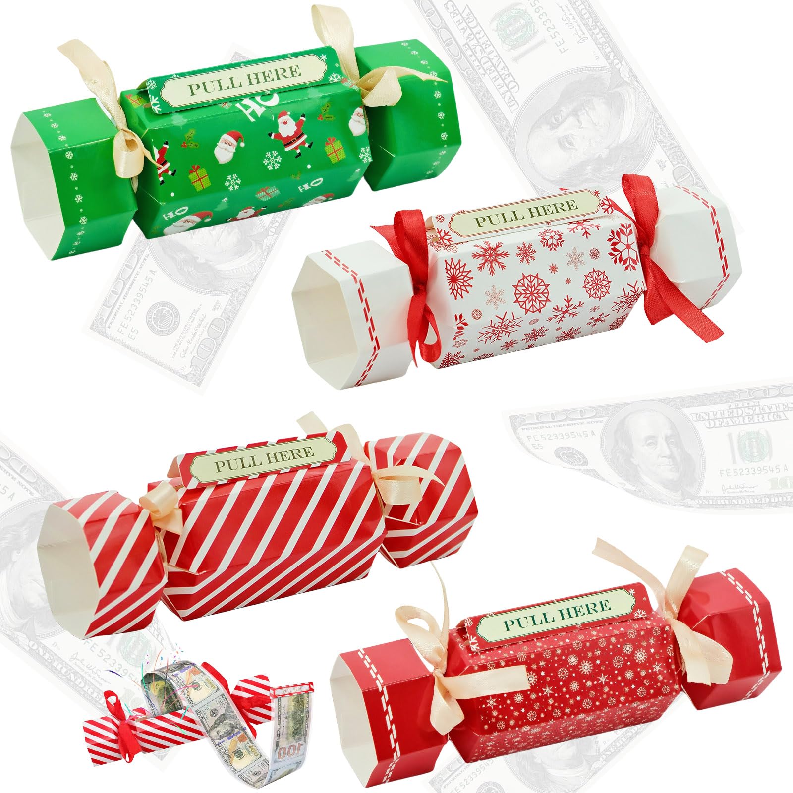 4Pcs Christmas Money Box for Cash Gift,Christmas Pull Surprise Money Gift Box for Kids/Adult Presents,Money Candy Box Pull out Cash with 40P Transparent Bags,Money Pull Candy Box for Christmas Party
