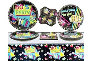 80s Party Supplies - 61 Pcs 80s Plates Napkins Tablecloth Set, for Back to The 80s Party Decorations, 80s Theme Birthday Part