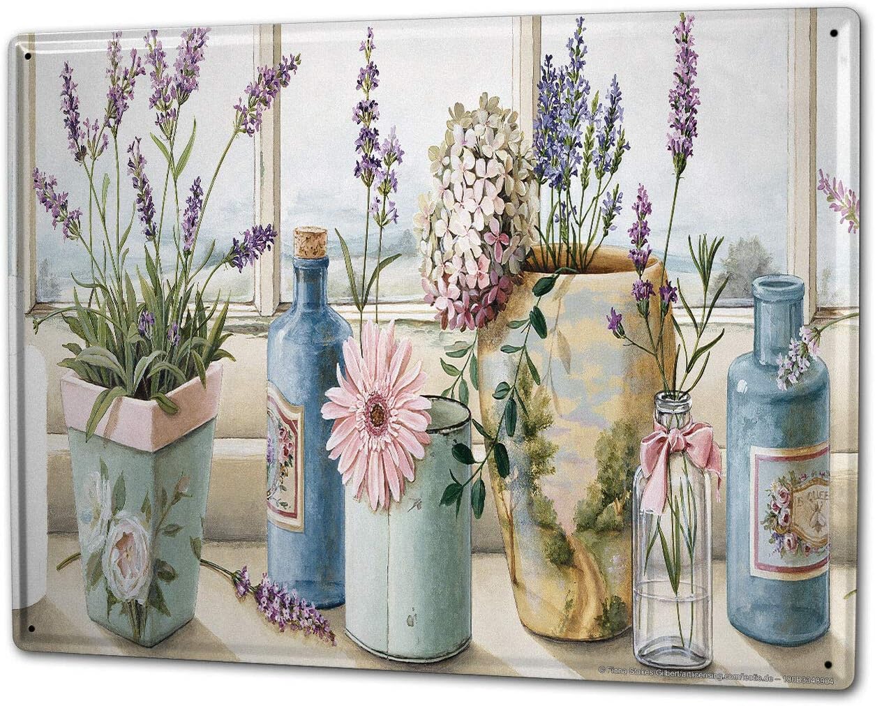 Rebecca Simpson Tin Sign 16"x12" Plants Lavender bottles flower window Man Cave/Man Cave Decor/Garage Decor/Wall Art