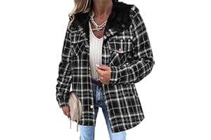 Zeagoo Womens Plaid Shacket Jacket Long Sleeve Fleece Hooded Jackets Fall Winter Warm Coat S-2XL