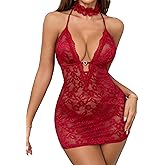 Gulinala Sexy Lingerie Dress for Women Deep V Neck Night Sleepwear Babydoll Nighties Lace Chemise with Choker