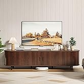 oneinmil 70" Mid Century Modern TV Stand with Sliding Doors, Wood Entertainment Center with Storage and Adjustable Shelves, Fluted Media TV Consoles for Living Room, Walnut