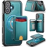 Usroom for iPhone 17 Wallet Case Compatible with Magsafe, Magnetic RFID Blocking Card Holder Kickstand 2 in 1 Detachable Case for iPhone 17 6.3", Bluish Green