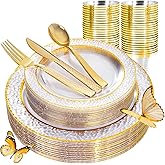 Ciaell 150PCS Clear Gold Plastic Plates - Disposable Gold Rim Plates include 25Dinner Plate, 25Dessert Plate, 25Forks, 25Knives, 25Spoons, 25Cups for Wedding & Party