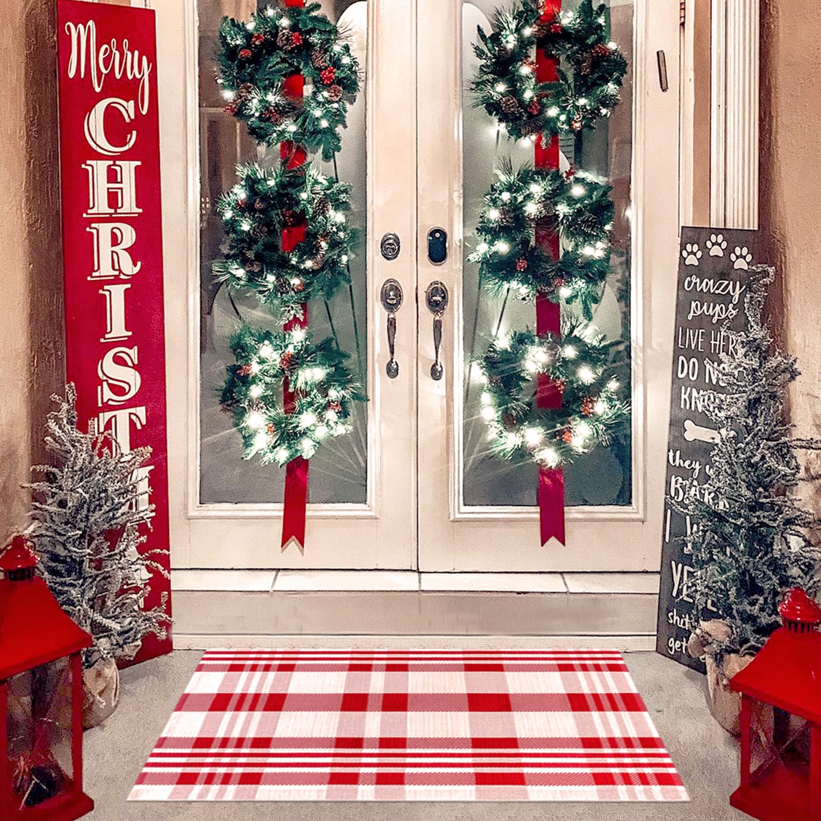 Photo 1 of Fallovea Christmas Red and White Plaid Rug, 3'x5 'Area Rug Indoor Outdoor Rug Front Porch Doormat Cotton Hand-Woven Farmhouse Layered Double Door Mats for Front Porch, Patio, Entryway, Laundry Room