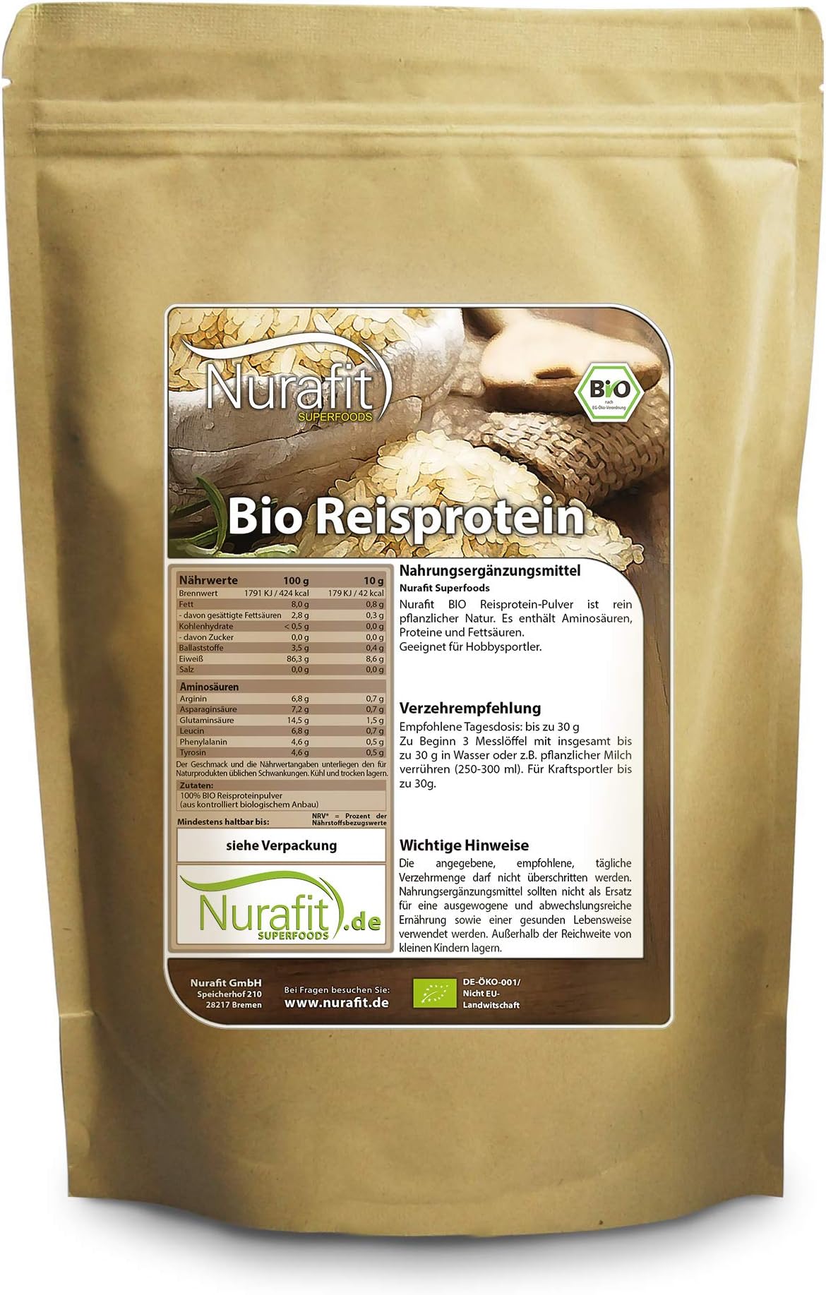Nurafit Organic Rice Protein Powder – 1000g / 1kg Pure Vegan Supplement – 86.3% Protein Content (1kg)