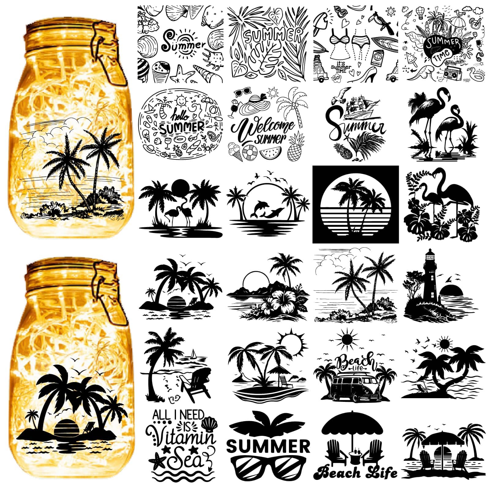CREATCABIN 24Pcs Tree Silhouettes Mason Jar Decor Glass Jar Decals Summer Theme Lantern Cutouts Hawaiian Style Silhouette for Jars Wall Windows Scrapbook Decoration Supplies 3.9x3.5Inch(No Sticker)
